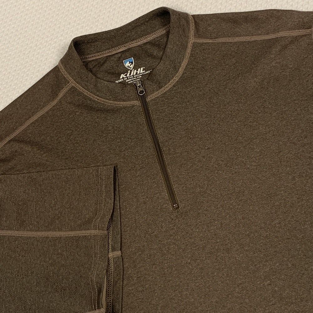 Kuhl Coffeenna Shirt Mens XL Brown 1/4 Zip Short Sleeve Band Collar Pullover